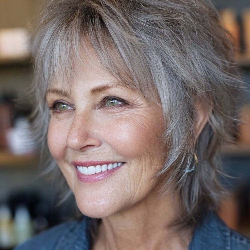 Feathered Silver Gray Shag Cut Wig with Wispy Layers